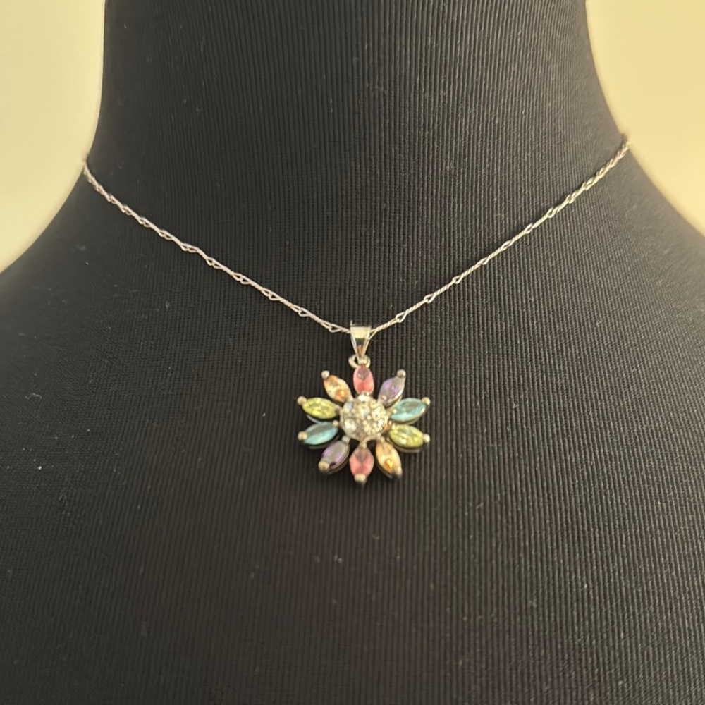 Sterling Silver 925 Italy Colored Stone Flower Pendant Necklace EUC